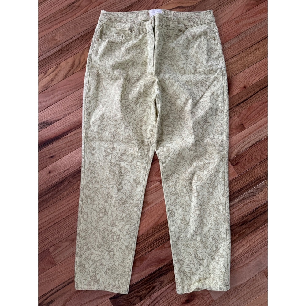 Chicos Skimmer Pants Yellow Lace Floral Print Ankle Size 1